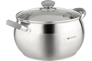 Daniks Modern Pentola Accacio Inox con Coperchio, 6.5 Litri Ø 24 cm | Casseruola Induzione | Manici in Silicone | Scala di Misura | Argento