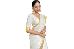 Sidhidata Damen Chanderi Baumwollsari mit ungesäumtem Blusenteil (weiß-goldener Rand)