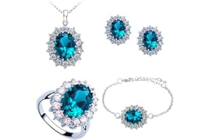 TOFBS Schmuckset für Damen und Mädchen Zirkonia Anhänger Halskette Ohrringe Armband und Ringe Set Prinzessin Diana Schmuck Set