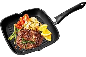 OZAVO Poêle Griller Antiadhésive Carré, Grill à Steak BBQ 24x24x4,5cm, Casseroles Poêle en Fonte d'aluminium, sans BPA PFOA, Convient pour tous Sources de Chaleur, Noir