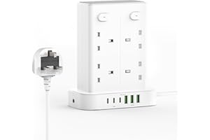 TOOMKE Tower Extension Lead with USB Slots, 8 Way Sockets(13A 3250W) Multi Plug Extension Tower with 3 USB C and 3 USB A, 4 Independent Switches, 1.8M Power Tower Extension Cable for Home Kitchen Office