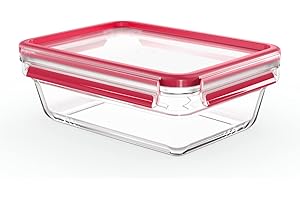 EMSA Clip & Close Glas Frischhaltedose, rechteckig, 1,3 L, 100 Prozent dicht, rutschfestes Stapeln, Glasbehälter spülmaschinen-, gefrier-, backofen-, mikrowellenfest, Rot, Transparent, N10410