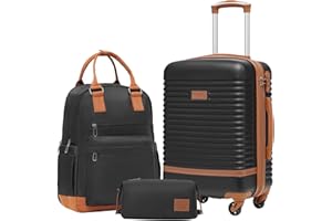 COOLIFE Suitcase Set, 3 Piece Luggage Sets with Travel Backpack and Toiletry Bag for Short Travel, TSA Lock 360° Spinner Wheels (Black/Brown, 20 Inch Luggage Set)