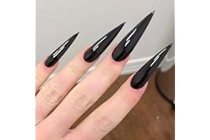 GlamRays 24 Pieces Solid Colour Press on Nails Black Stiletto Long Shiny Gift for Women and Girls