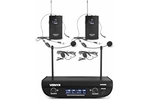 Vonyx WM82B Digital - Sistema Radiomicrofono Digitale UHF, 2 Canali, 2x Microfoni Headset & Trasmettitore Tascabile, Fino a 50 m di Copertura, Valigia di Trasporto