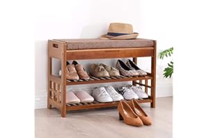 GGFHH Shoe Bench Rack 2 Tier Shoe Organizer with Padded Cushion Seat Multi Function Bamboo Storage Benches ​for Entryway Hallway Living Room Bathroom 70x29.5x49cm