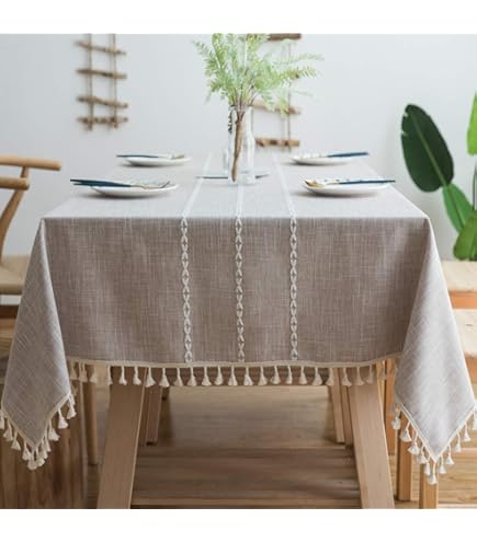 SUNBEAUTY Grijze tafelkleden, afwasbaar, 140 x 220 cm, rechthoekig, katoen, linnen, elegant tafelkleed met kwastjes, kreukvrij, voor keuken, eettafel, decoratie - 140 x 220 cm