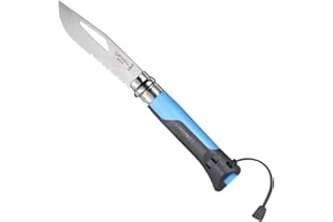 Opinel - N°08 Coltello Outdoor Multifunzionale - Lama di 8,5 cm in Acciaio Inossidabile, Manico in Polimero e Fibra di Vetro - Zona Seghettata, Disclavator, Fischietto - Antracite-Blu