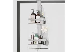 Hosanwell Mensola Doccia da Appendere Doppio Strato, Portaoggetti in SUS 304 Acciaio Inox da Appendere al Porte Doccia in Vetro con 4 ganci, Argento