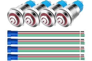 Gebildet 4pcs 12mm SPST Interrupteurs à Bouton Poussoir à Verrouillage Automatique en Acier Inoxydable 3V-5V-6V-7.5V-9V-12 /3A LED NO Interrupteur à Bascule étanche avec Fiche de Prise de Fil (Rouge)