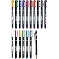 Tombow Fudenosuke Water-based Brush Pen Hard Tip 10 Standard Colors, Soft Tip 6 Pastel Colors, Total 16 Colors Set With Original Stylus Ballpoint Touch Pen