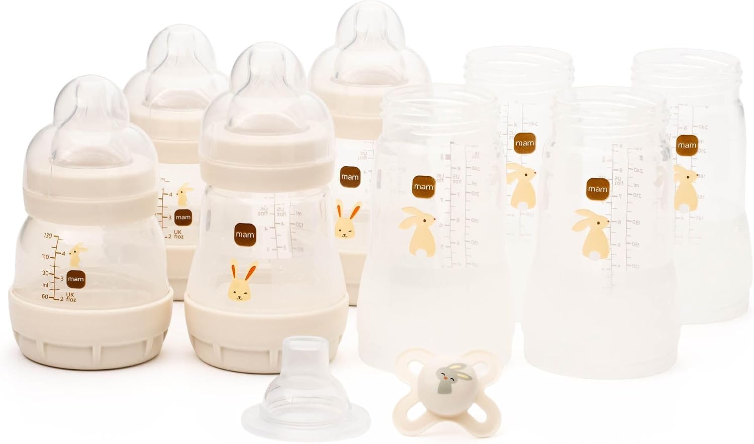 MAM Easy Start Anti-Colic Bottle Starter Set | Includes 4X Feeding Bottles and MAM Original Start 0-2 Month Soother | Self-Sterilising | Baby Gift Set of Newborn Essentials | White (Various Designs)
