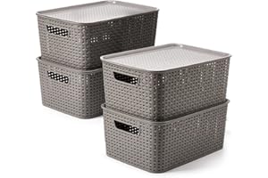 EZOWARE 14L Large Plastic Knitted Woven Storage Basket With Lid, Set of 4 Stackable Organiser Lidded Bin Box for Nursery, Kids, Closet, and More - 39x27x17 cm/Gray
