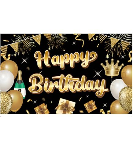 Banderole Joyeux Anniversaire Or Et Noir 1,1x1,8 M - Toile De Fond Fête, Décoration Murale Avec Guirlande Et Confettis