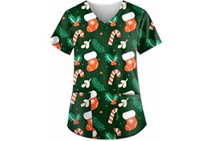 Splrit-MAN Christmas Scrubs Nurses Top Cute Pattern V Neck Uniform Classic Fit Short Sleeve Utility Shirt Beauty Salon Scrub Tunic Health Care Uniforms Cat Grooming Work Wear Hospital Tunics