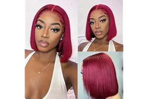LADIARYF 99J Burgundy Perruque Bresilienne Bob 13x4 Lace Front Wig Straight Perruque Cheveux Humain Bob avec Baby Hair 150% Density Brazilian Virgin Human Hair Wigs 10 Pouces