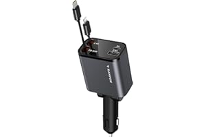 RAMPOW Caricabatterie Auto, 65W 4 in 1 Caricatore auto Retrattile, con Cavi USB C e cavo Lightning Retrattili, Carica Batteria per Auto per iPhone 16/15, Samsung S24/23, iPad - Bianco Argento