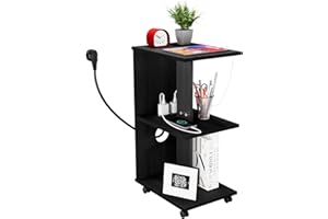RCYNVIEW Mesitas de Noche Dormitorio con Enchufes y Puertos USB, 1x Mesita de Noche con Ruedas Mesilla de Noche Minimalista de Madera con función de Carga Estación de Carga Mesa Auxiliar Salón 40x30x60cm Negro