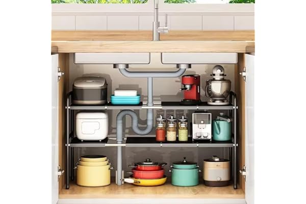 HOOBRO Under Sink Organizers,Expandable Cabinet Shelf Organizer 2 Tier Under Storage Rack with Removable Panels,Plastic Storage Organizer Adjustable Kitchen Rack Holder Pack of 1 Black
