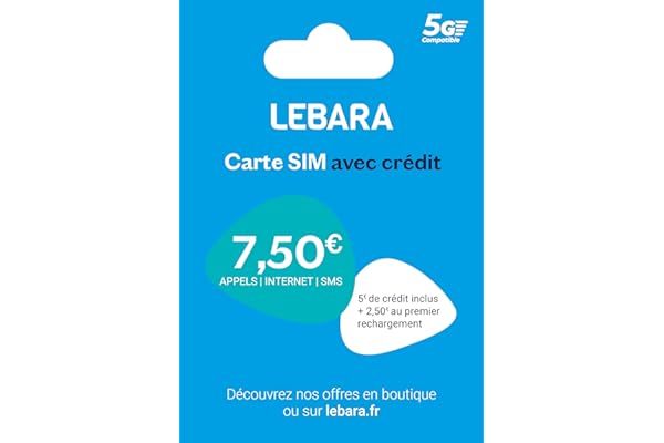 Carte Sim prépayée Lebara incluant 7,50E de crédit (5E + 2,50E offerts) – Appels, SMS et internet en France et à l’international à prix réduits.