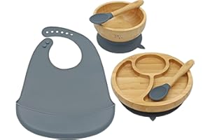 Ship Shape - Kindergeschirr Set Bambus Kinderteller Unterteilt - 2 x Silikon Babylöffel - Silikon-Lätzchen - Schüssel mit Saugnapf - Baby-Geschirrset - BPA-frei - Kostenloses Ebook