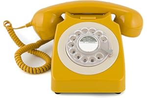 GPO 746 Rotary Telefono Fisso Retro anni ‘70, Telefono Classico con Interruttore per Suoneria, Cavo Arricciato, Suoneria a Campanello Originale, per Casa e Hotel, Giallo Mostarda