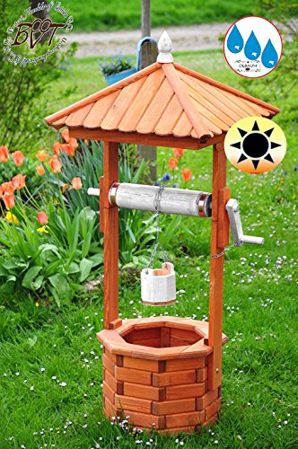 Brunnen aus Holz classic, Designer-Gartenbrunnen ca. 130-140 cm, einstöckig KLASSIK MIT Rolle & Eimer EXP140-grau-MS , voll funktionstüchtig,schöne Details, HELLGRAU Metallkette Deko-Brunnen Outdoor, Brunnen mit Eimer und Rolle komplett mit Solar, Solarbeleuchtung DOPPEL-SOLAR LICHT 1,40 m groß grau anthrazit hell, Brunnenrolle - Leisten grauer Korpus unten, für Innen- und Außenbereich, Spitze, Garten und Terrasse, wunderschöne Gartenzierde