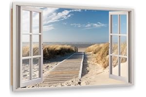 Feeby Cuadro Poster Playa Decoración de la Pared Vista de la Ventana Beige 90x60 cm