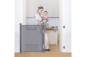 ‎COMOMY COMOMY Treppenschutzgitter Ausziehbar 0-140cm, Türschutzgitter Rollo für Baby, Katzen und Hunde, Einhändige Bedienung, Platz Sparen, Kinder Türgitter für Treppen/Türen/Außen, Grau