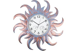 HOBYLUBY Große Sonnenuhr für den Außenbereich, geräuschlos, nicht tickend, Outdoor-Wanduhr mit Thermometer- und Hygrometer-Kombination, Dekoration, Quarz-Außenuhr für Terrasse, Garten, Wohnzimmer (61
