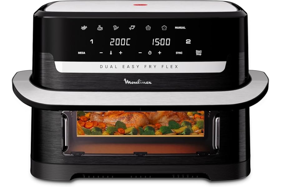 Moulinex Dual Easy Fry Flex Air Fryer with Divider, 2 Compartments, FlexCook Technology, 2 Superior Resistors, Capacity up to 9L/2.5kg, 8 People, 2700W, 7 Programs, App My Moulinex, EZ9228