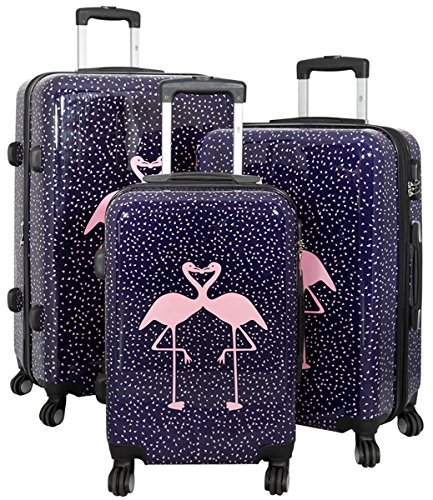 Juego de Maletas Set de Tres Maleta Trolley Viaje Estuche R&iacute;gido Resistente Policarbonato 4 ruedas rotaci&oacute;n 360&deg; con motivo PM (Flamencos)
