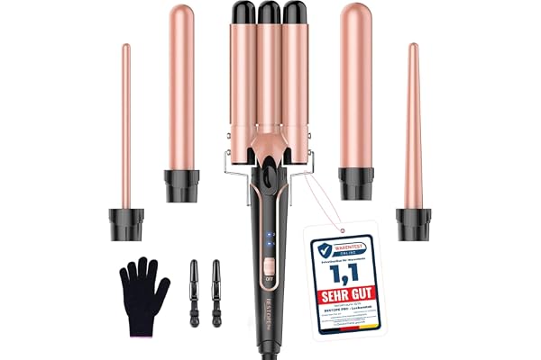 Ensemble de fers à vagues 5 en 1 BESTOPE PRO - Comprend 3 barils en céramique pour créer de grosses vagues, y compris un réglage de la température, une chaleur rapide et un 2 clips, or rose