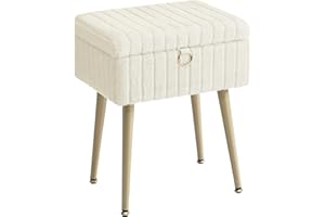 SONGMICS Sgabello da Trucco, Pouf Contenitore, Poggiapiedi, Gambe in Metallo, Imbottito, Piedini Regolabili, Soggiorno Camera da letto Cabina Armadio, Bianco Crema LOM505WZ02