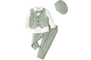 Lito Angels Baby Kids Boys Gentleman Plaid Waistcoat Suit Set Formal Wedding Outfits with Hat, Grey Green Blue Brown Red