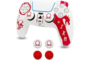 ElitePlay God of War Coque antidérapante en silicone pour manette de PS5 sans fil avec poignée de pouce Blanc et rouge