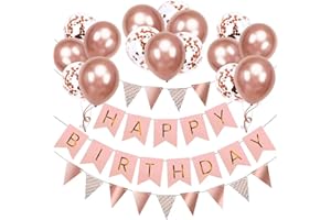 OHugs Happy Birthday Banner - Rose Gold Birthday Decorations for Women and Girls with 12 Inch Metallic Rose Gold Balloons and Confetti Balloons - Women Happy Birthdays Bunting Banner with Wall Hooks