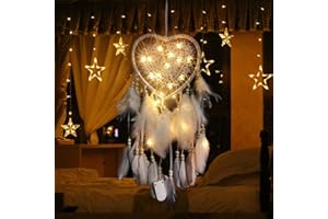 RAILONCH Herz Traumfänger Boho-Stil Handgefertigt LED Licht Wandbehang Romantische Dekoration (Weiß,Mit Lichtern)