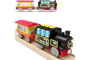 TOPLIVING Juego de tren de locomotora a pilas para rieles de madera, potente locomotora de tren, vehículos eléctricos con luz y sonido para niños pequeños, compatible con Thomas, Brio, Chuggington