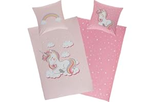 ‎AMINATA KIDS Aminata kids Biber Bettwäsche 135 x 200 Kinder Einhorn-Motiv Mädchen Baumwolle, YKK-Reißverschluss, Kinder-Wende-Bettwäsche-Set mit Unicorn, warm, weich & kuschelig, rosa, Biberbettwäsche