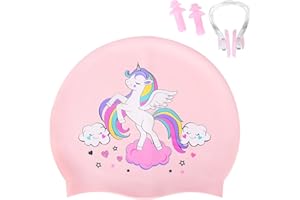 Ulikey Kinder Badekappe, Weich Silikon Gedruckt Badekappen, Rosa Schwimmkappe mit Ohrstöpsel und Nasenclips, Wasserdicht Schwimmhaube für 2-8 Jahre Jugend Jungen Mädchen Lange Haare