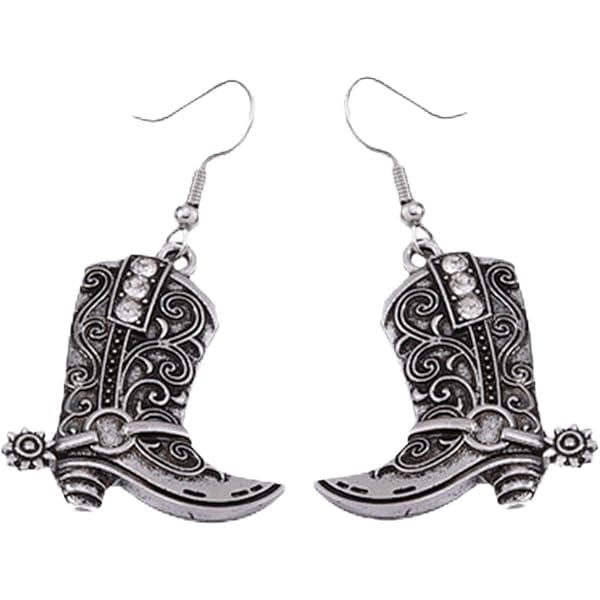 Set 4 Paia Orecchini Da Donna Stivali E Cappelli Da Cowboy – Stile Retrò Western, Metallo Argento, 3.7-4.5 Cm