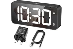 HERMIC Alarm Clock Bedside Mains Powered Large Digital Led Display, Brightness Dimmer, Adjustable Alarm Volume, Snooze, Dual Alarm, 12/24H, 8 Ringtones, USB Charging Port, Easy to Use Black