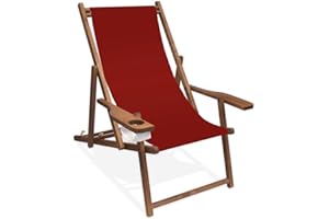 PROMO TRADE Holz-Liegestuhl mit Armlehne und Getränkehalter, Klappbar, mit dunkelbrauner Lasur, Wechselbezug (Bordeaux)