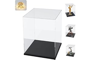 ELEPURE Addensato Vetrina Espositiva Teca Plexiglass Acrilico per Lego 75398 76989 21347 75308 Collezionismo, Vetrina Trasparente Scatola con Base in Legno-plastica & Luce di Stringa, Interno Nero 25x25x40cm