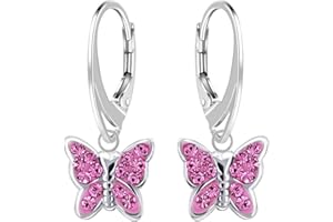 GOLDENE HUFEISEN Boucles d'oreilles pendantes brisure GH papillon en cristal rose - En argent 925 authentique - Pour filles et enfants