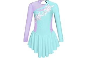 inlzdz Figure Ice Skating Dress for Kids Girls Long Sleeve Rhinestones Mesh Splice Gym Skirted Leotard Dance Performance Costume