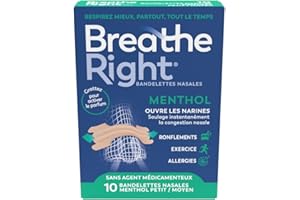 Breathe Right Menthol - Bandelette nasale - Taille M/S - Sommeil : aide à réduire les ronflements - Rhume, allergies, sport : vous aide à mieux respirer - Bandelettes couleur peau, 10 pièces