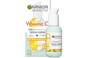 GARNIER Skin Active - Sérum Crème Booster D'Éclat 2-En-1 - Hydratation 72h & Éclat - FPS 25 - Vitamine C & Agrumes - Vegan & Cruelty Free - Peaux Ternes En Manque D'Éclat - 50 ml