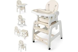COSTWAY 5 en 1 Tronas de Bebe, Trona Portatil con 2 Bandeja Extraíble de 4 Posiciones, Cojín, Respaldo de 3 Niveles, Silla de Comer, Trona Evolutiva para 6-72 Meses